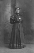 Victorian Poised Lady Woman Black Dress Pocket Watch Pendant Unposted RPPC 475 picture