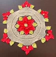 VTG * HANDCRAFTED * Beautiful 17” Handcrafted Doily *Tan*Red*Green* 1 small spot picture