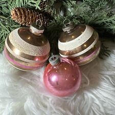 LOT OF 3 VINTAGE SHINY BRITE CHRISTMAS ORNAMENTS Pink White STRIPED picture