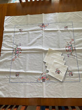 Vintage Cotton Cross Stitch Tea Luncheon Table Cloth 4 Napkins Basket Flowers picture