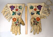 Pair Vintage Great Lakes Chippewa Indian Embroidered Gauntlets with Fringe Work picture