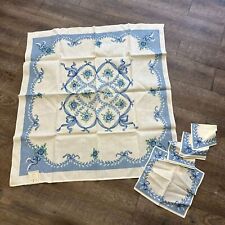 Vtg 40s Crispun Prints Blue Floral Square Tablecloth & 4 Napkin Set Deadstock picture