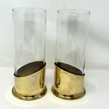 Vintage Pair Brass Candle Holder Hurricane Glass Shade 9.5” Set Of 2 picture