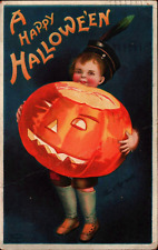 Ellen Clapsaddle Halloween Boy & Giant Lighted JOL Jack O Lantern 1910 Postcard picture