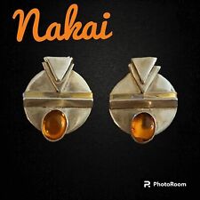 VTG NAKAI Navajo Sterling Silver Modernist Abstract Amber Post Earrings picture
