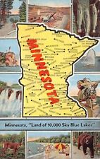 Postcard MN: Minnesota, Map, Multiview, Vintage Linen, Land of 10,000 Lakes picture