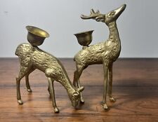 Vintage Solid Brass Deer Candlestick Holder Buck & Doe Set of 2 picture