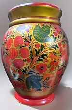 VTG Russian Khokhloma Hand-Painted Vase, Folk Art Lacquer Wood Floral picture