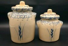 Robinson Ransbottom Blue Wheat & Spongeware One & Two Qt Crock Canisters W/Lids picture