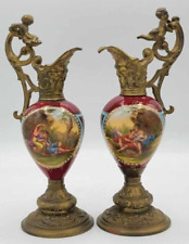A Pair of Antique French Hand Painted Porcelain & Guilted Bronze Ewers 7