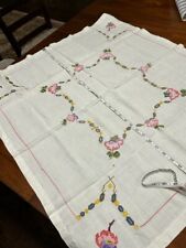 Vintage Hand Embroidered Floral Design Tablecloth with holes- See Pics picture