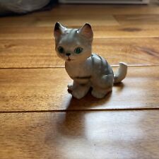 Vintage Grey Tabby Cat Ornament Figurine W/ Rhinestone Eyes Small Kitsch Cute picture