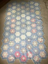 Antique 1930s Grandmothers Garden Feedsack Quilt Blue Scalloped 41” X 63” Baby picture