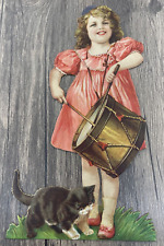 Antique Victorian Die Cut Girl with Drum and Cat Stand Up Card Small picture