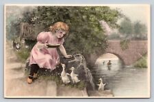 1908 Artist Postcard Kitten Girl Feeding Ducklings M.M. Vienne Austria M. Munk picture