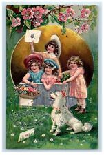1909 Friendship Offering Four Girls Childrens Dog Envelop Flowers Postcard picture