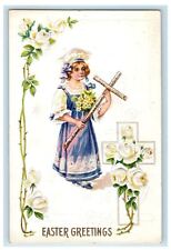 c1910's Easter Greetings Girl With Cross And Flowers Embossed Antique Postcard picture