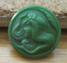1 - Czech Glass Green Raised Woman Cameo on a Round Green Button #49 17.28mm picture