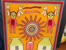 Folk Art Huichol Indian Peyote Yarn Painting - People Deer Horns Snakes Sun #3 picture