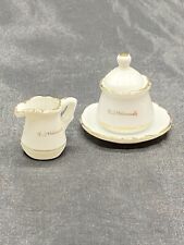 Vtg Mini M J Hummel Sugar Bowl Creamer & Plate White Ceramic Gold Accent picture