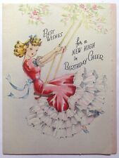 Vtg Birthday Card-LOVELY YOUNG LADY IN RED DRESS RUFFLES IN A SWING picture
