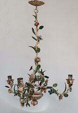 ANTIQUE ITALIAN TOLEWARE CHANDELIER 3 ARMS CEILING LIGHT FLOWERS ITALY VINTAGE picture