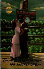 1912 Theochrom Postcard Romance Plenty Of Time Kissing on Train Platform picture
