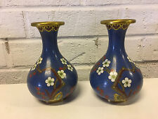 Vintage Chinese Pair Small Miniature Bottle Form Cloisonne Vases Cherry Blossoms picture