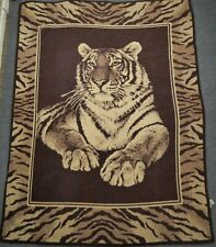 Vintage Tag Blanket Tan Brown Tiger Cat USA Made Nature Animals 76x59 80s picture