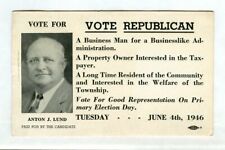 Vintage 1946 VOTE REPUBLICAN Primary Ink Blotter Anton J. LUND (Woodbridge NJ) picture