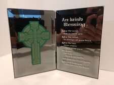 Vintage Retro IRISH BLESSING Plaque Beveled Mirror ~Green Cross Duel Reflection  picture