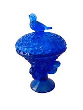 Vintage Blue Glass Trinket Holder Pedestal With Top Bird Design picture
