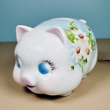 Vintage 80s Hand Painted Piggy Bank Ceramic Kitschy Flowers 6” T Signed picture