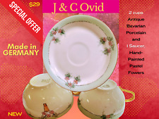 J & C Ovid 2 cups Antique Bavarian Porcelain and 1 Saucer, Hand-Painted Pastel . picture