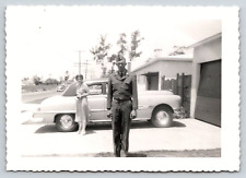 Photograph Vintage Automobile Snapshot Man Military Soldier Woman House Street picture