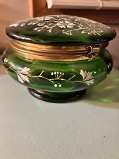 Powder Jar Emerald Green Glass Pink Enamel Flowers Brass Fittings Antique Mosser picture