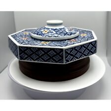 Vintage Japanese Food Warmer BLue Porcelain Geo Floral Signed picture