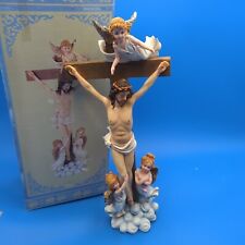 Vintage Crucifix Statue Jesus Christ On Cross with Angels 16.5” Figurine picture