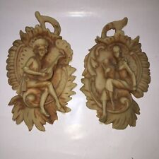Vintage Pair of Victorian Colonial Boy Musician Lute Player & Girl Plaques Decor picture