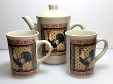Vintage Bay Island Co Tea Pot and 2 Mugs Set Farmhouse Rooster Pattern picture