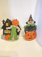 Halloween Vintage Die Cut Witch Owl On Pumpkin And Pumpkin Head Silver Edges picture