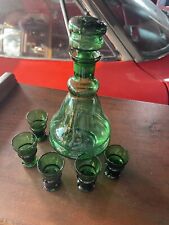 Vintage Hand Blown Green Glass Decanter W 5 Shot Glasses Made In Italy picture