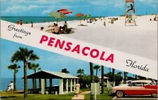 Pensacola Beach FL 1957 Greetings Banner Lifeguard Umbrellas Cars Postcard UNP picture