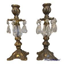 Pair (2) Antique Art Deco Candlestick Holders With Hanging Crystals EUC picture