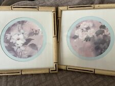 Vintage Pair Asian Floral Prints Wooden Bamboo Frame picture