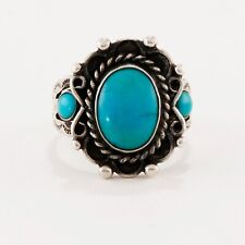 FRED HARVEY STERLING TURQUOISE ROPE BORDER RAIN DROPS THREE STONE RING 7.25 picture