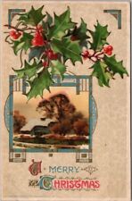 Vintage WINSCH MERRY CHRISTMAS Postcard Winter House Scene / Holly - 1912 Cancel picture
