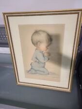 Vintage Bless Us All Framed Art Print Glass, Praying Baby Boy Nursery 15 x 19 picture