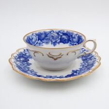 Schumann Bavaria Heirloom Blue Roses Flat Cup and Saucer Gold Trim Germany VTG picture