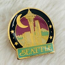 Vtg Seattle Washington Souvenir Enamel Lapel Pin w/ Space Needle Moon & Stars picture